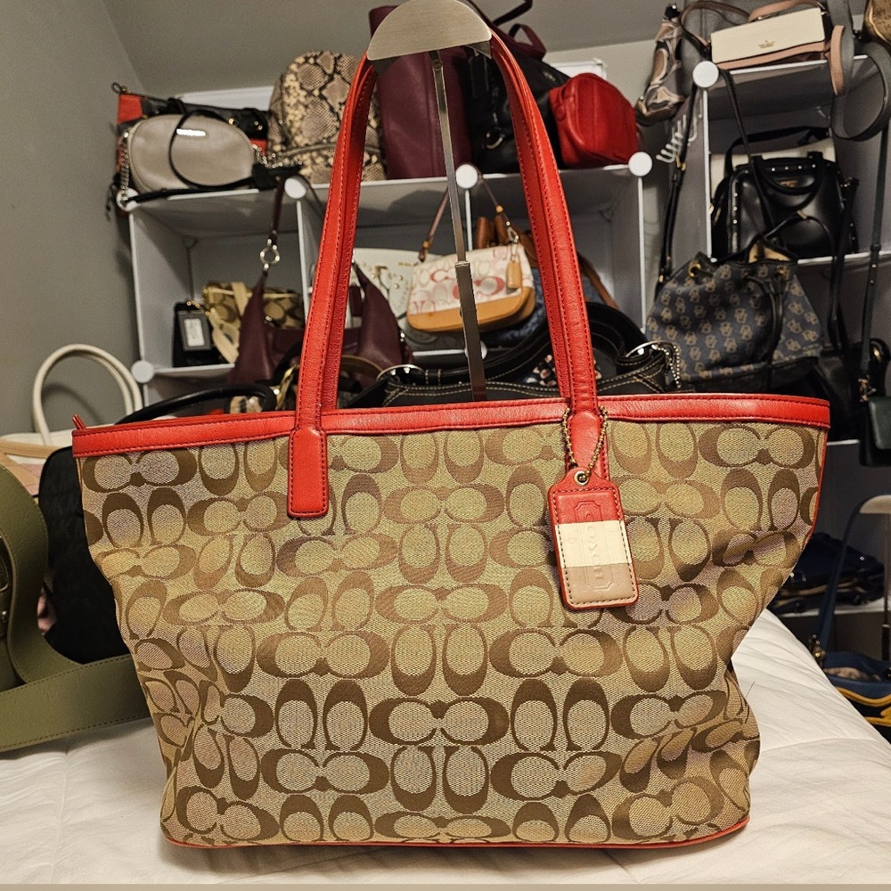 Coach Red and Tan Signature Tote